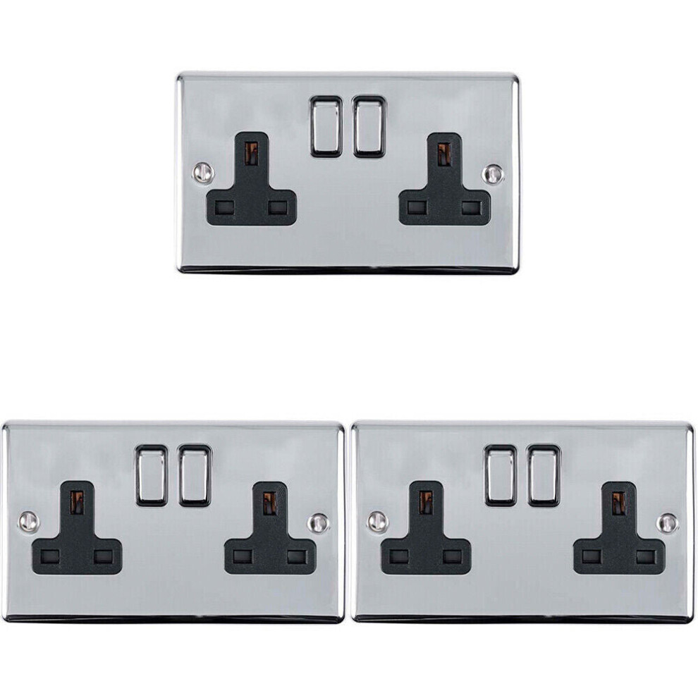 3 PACK 2 Gang Double UK Plug Socket POLISHED CHROME 13A Switched Black Trim