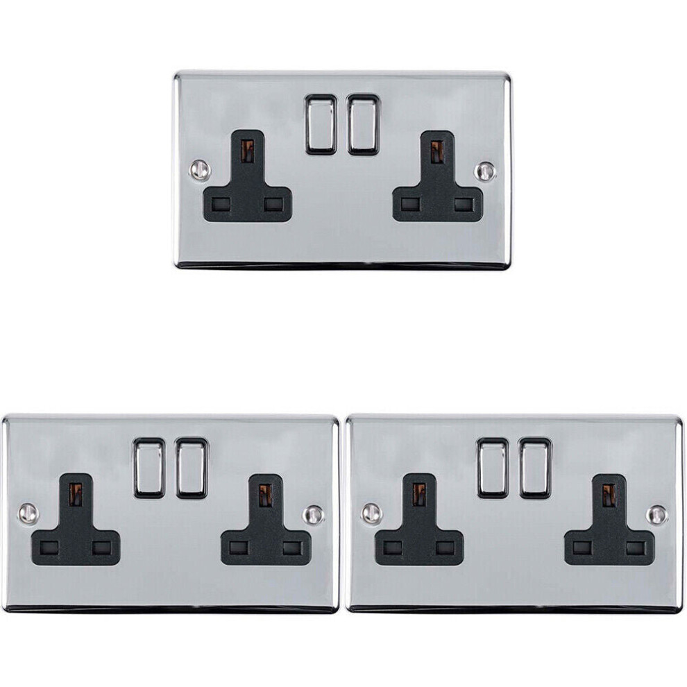 Loops 3 Pack 2 Gang Double Uk Plug Socket Polished Chrome 13A Switched Black Trim