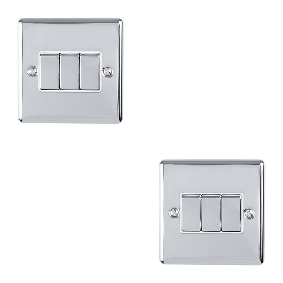 2 PACK 3 Gang Triple Metal Light Switch POLISHED CHROME 2 Way 10A White Trim