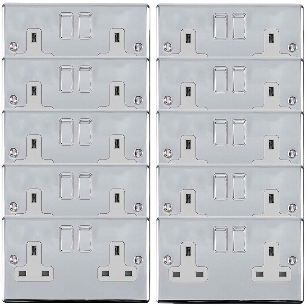 10 PACK 2 Gang Double UK Plug Socket POLISHED CHROME 13A Switched White Trim