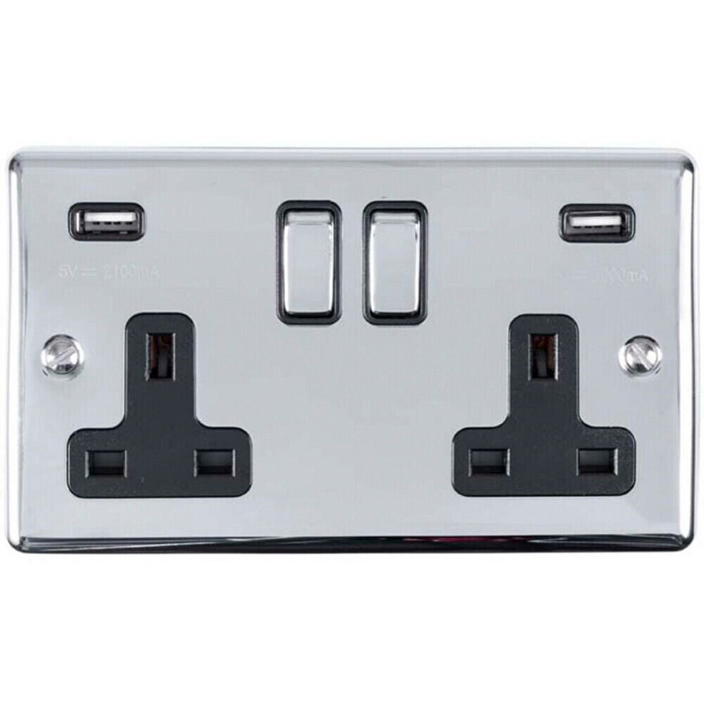 2 Gang Single UK Plug Socket & Dual 2.1A USB CHROME & Black 13A Switched