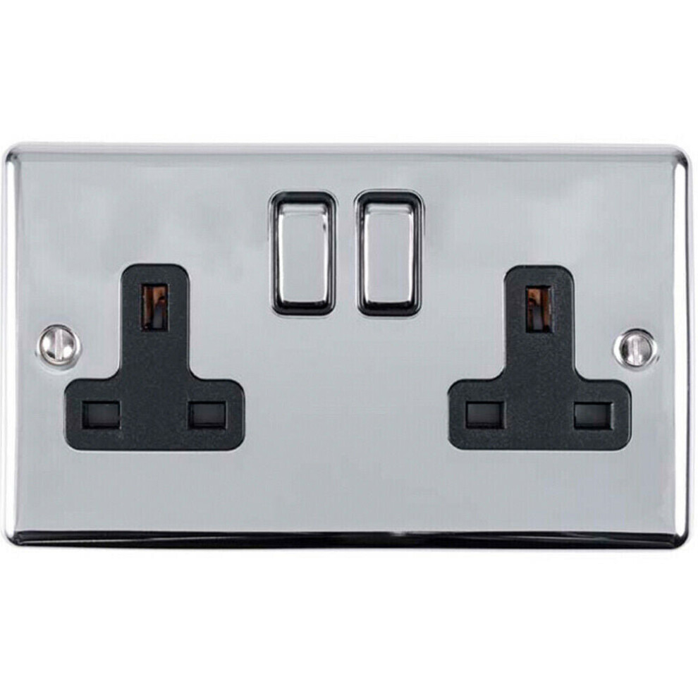 Loops 2 Gang Double Uk Plug Socket Polished Chrome & 13A Switched Power Outlet Black