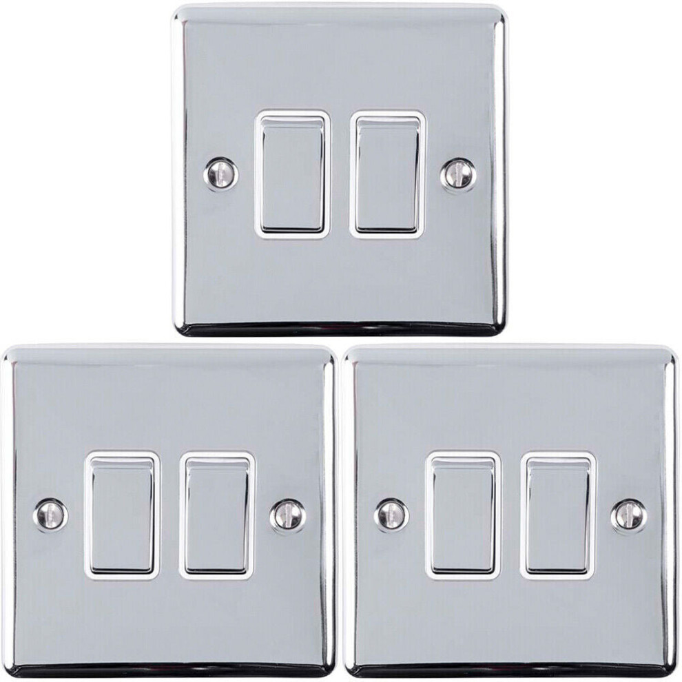 Loops 3 Pack 2 Gang Double Metal Light Switch Polished Chrome 2 Way 10A White Trim