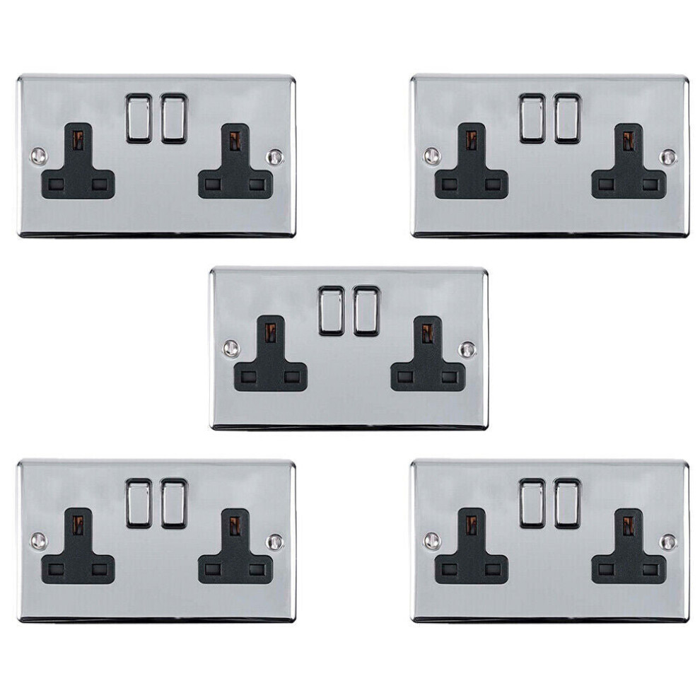 5 PACK 2 Gang Double UK Plug Socket POLISHED CHROME 13A Switched Black Trim