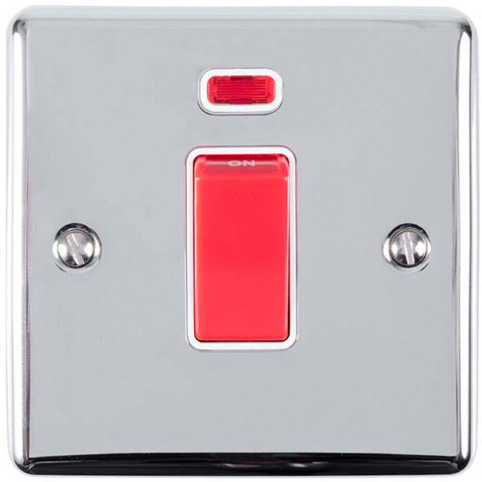 45A DP Oven Switch & Neon Light CHROME & White Trim Appliance Red Rocker