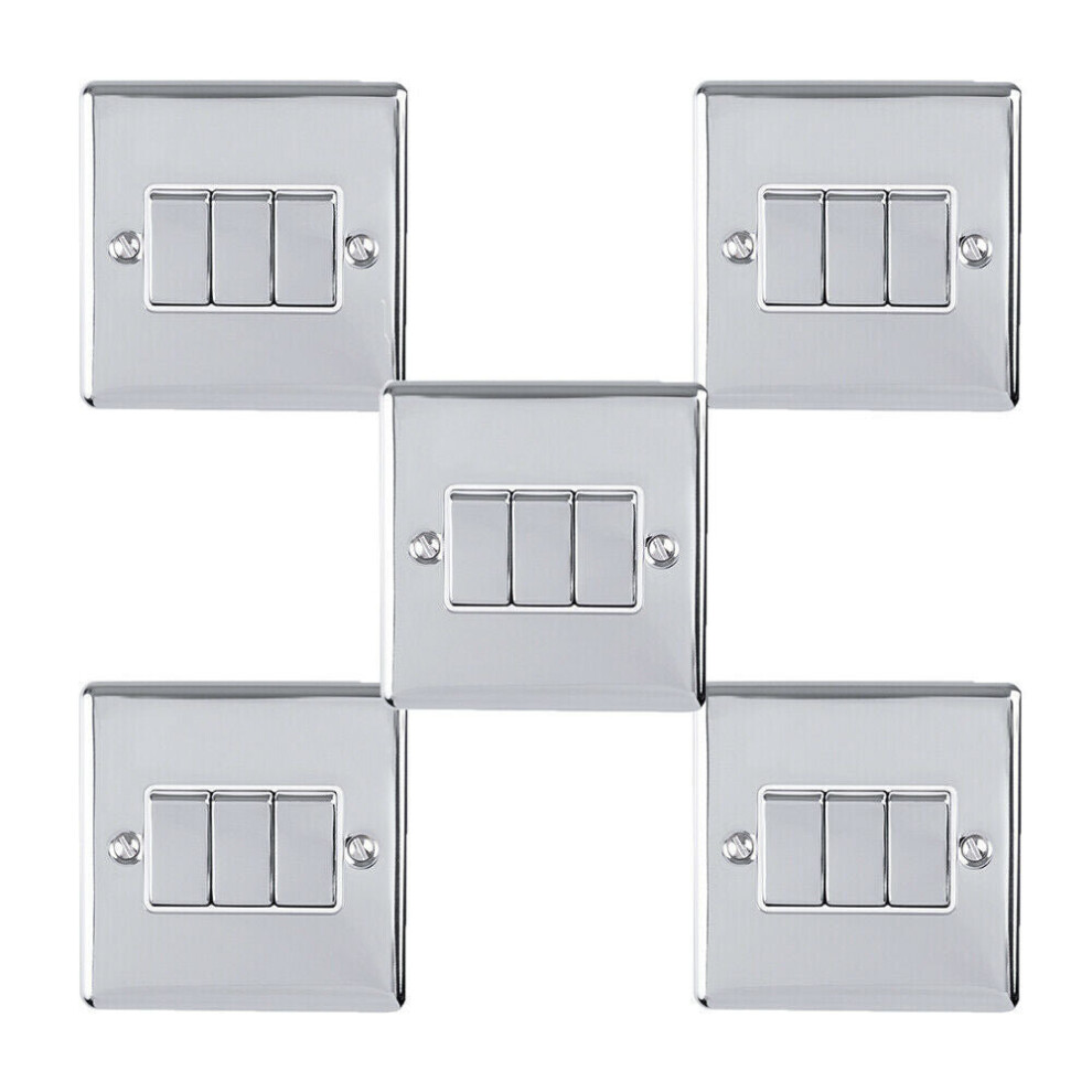 5 PACK 3 Gang Triple Metal Light Switch POLISHED CHROME 2 Way 10A White Trim