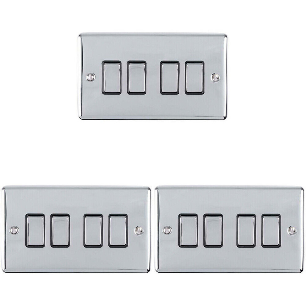 3 PACK 4 Gang Metal Quad Light Switch POLISHED CHROME 2 Way 10A Black Trim