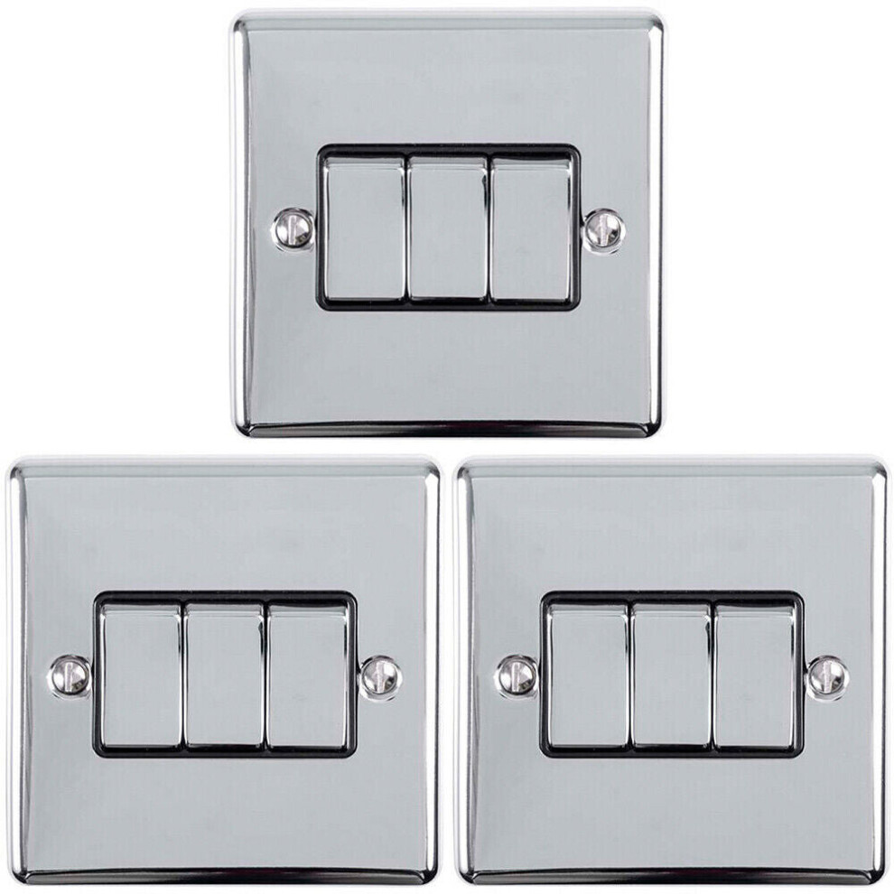 3 PACK 3 Gang Triple Metal Light Switch POLISHED CHROME 2 Way 10A Black Trim