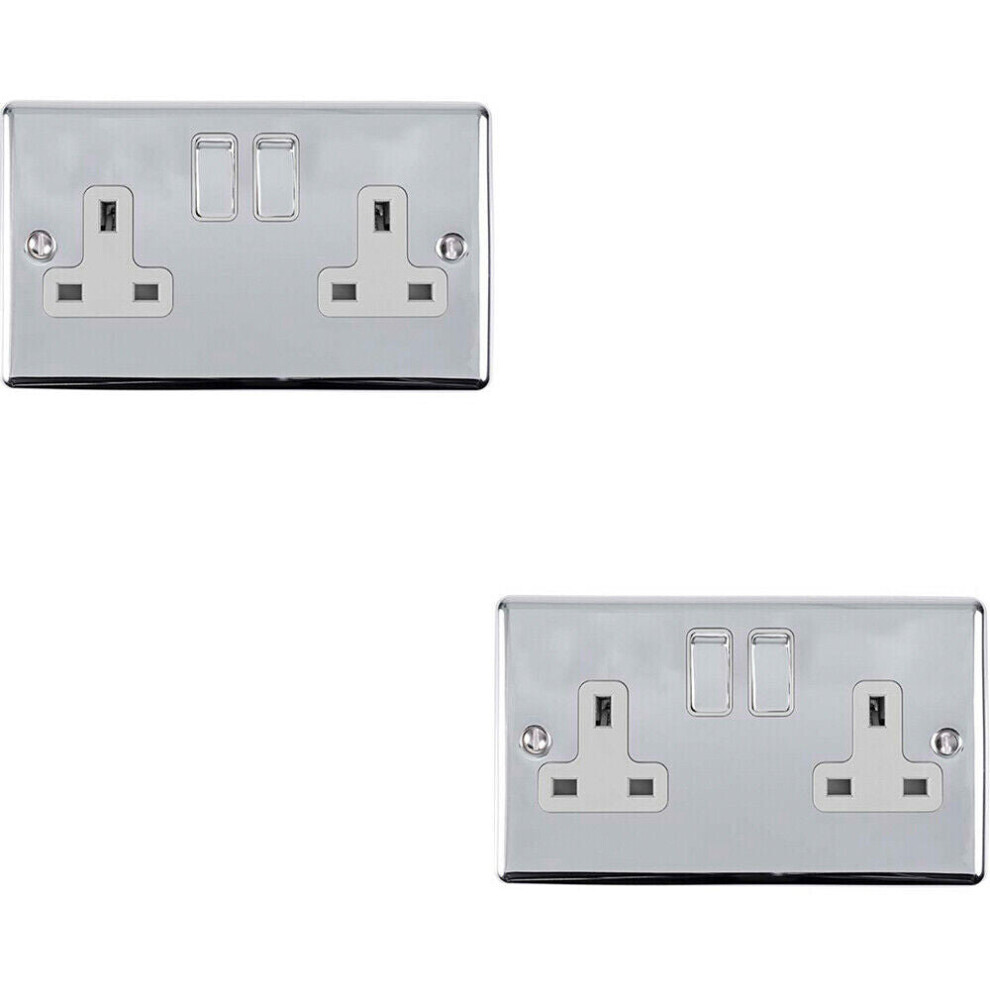 2 PACK 2 Gang Double UK Plug Socket POLISHED CHROME 13A Switched White Trim