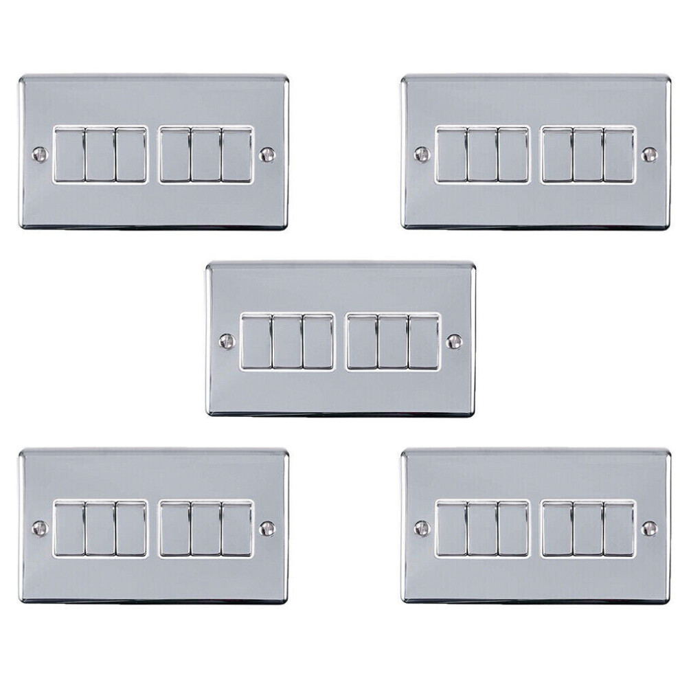 5 PACK 6 Gang Metal Multi Light Switch POLISHED CHROME 2 Way 10A White Trim