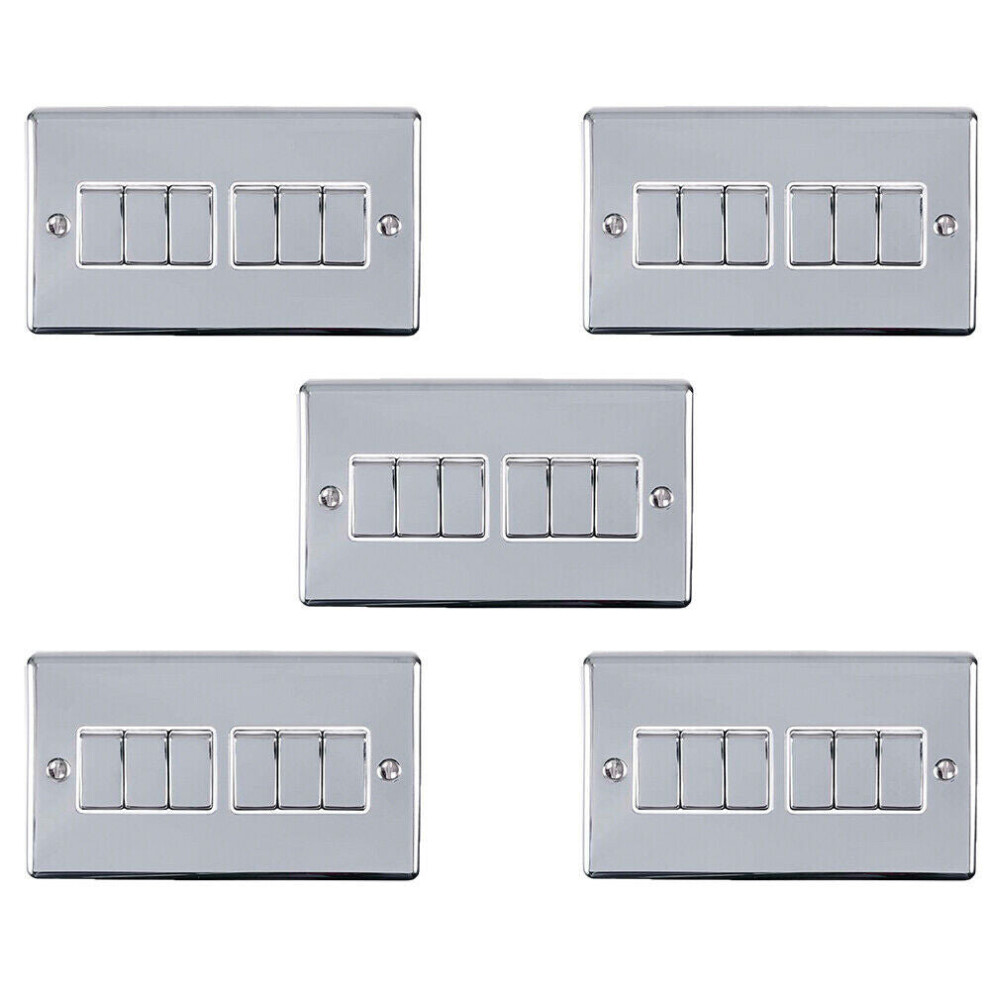 5 PACK 6 Gang Metal Multi Light Switch POLISHED CHROME 2 Way 10A White Trim