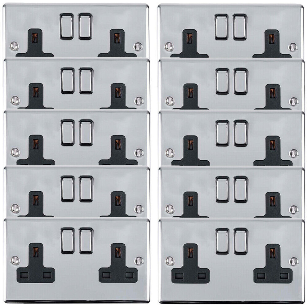 10 PACK 2 Gang Double UK Plug Socket POLISHED CHROME 13A Switched Black Trim