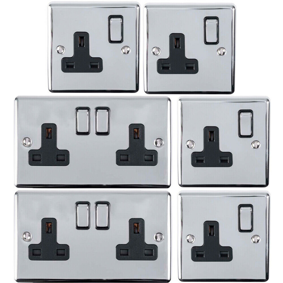 UK Plug Socket Pack -2x Twin & 4x Single Gang- CHROME / Black 13A Switched