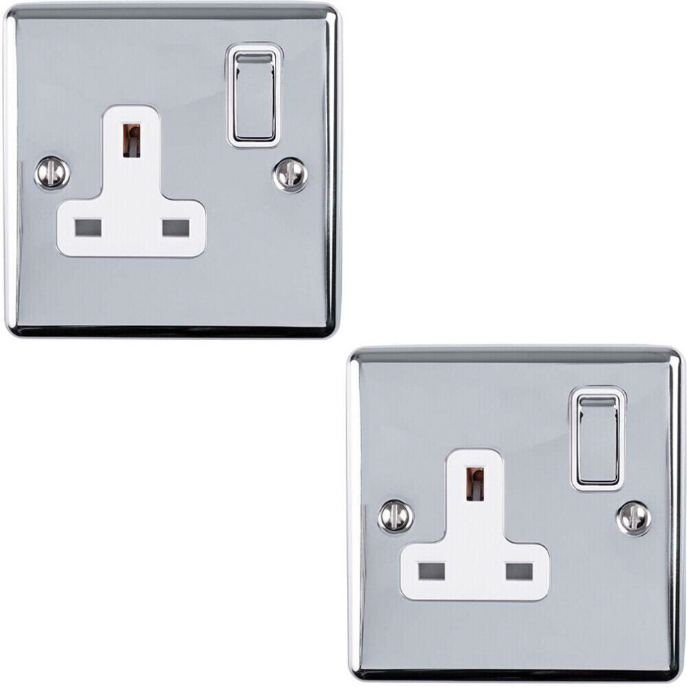 2 PACK 1 Gang Single UK Plug Socket POLISHED CHROME 13A Switched White Trim