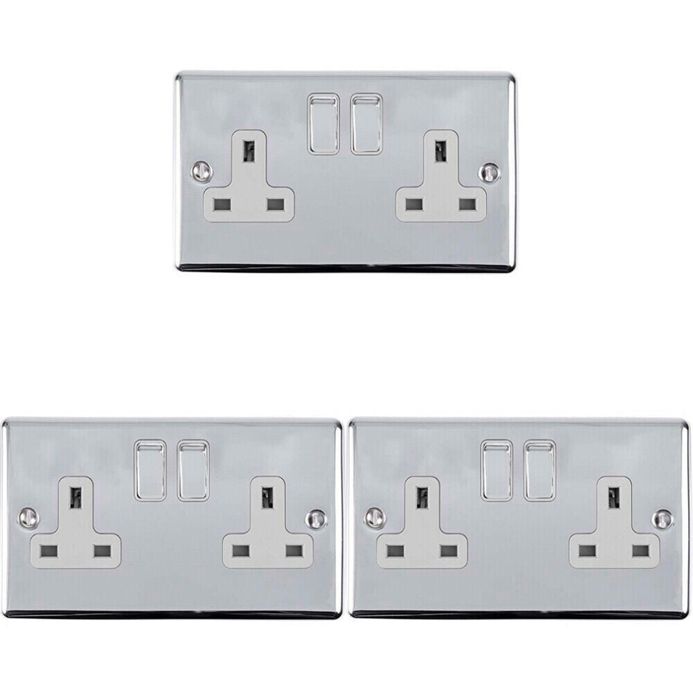 3 PACK 2 Gang Double UK Plug Socket POLISHED CHROME 13A Switched White Trim