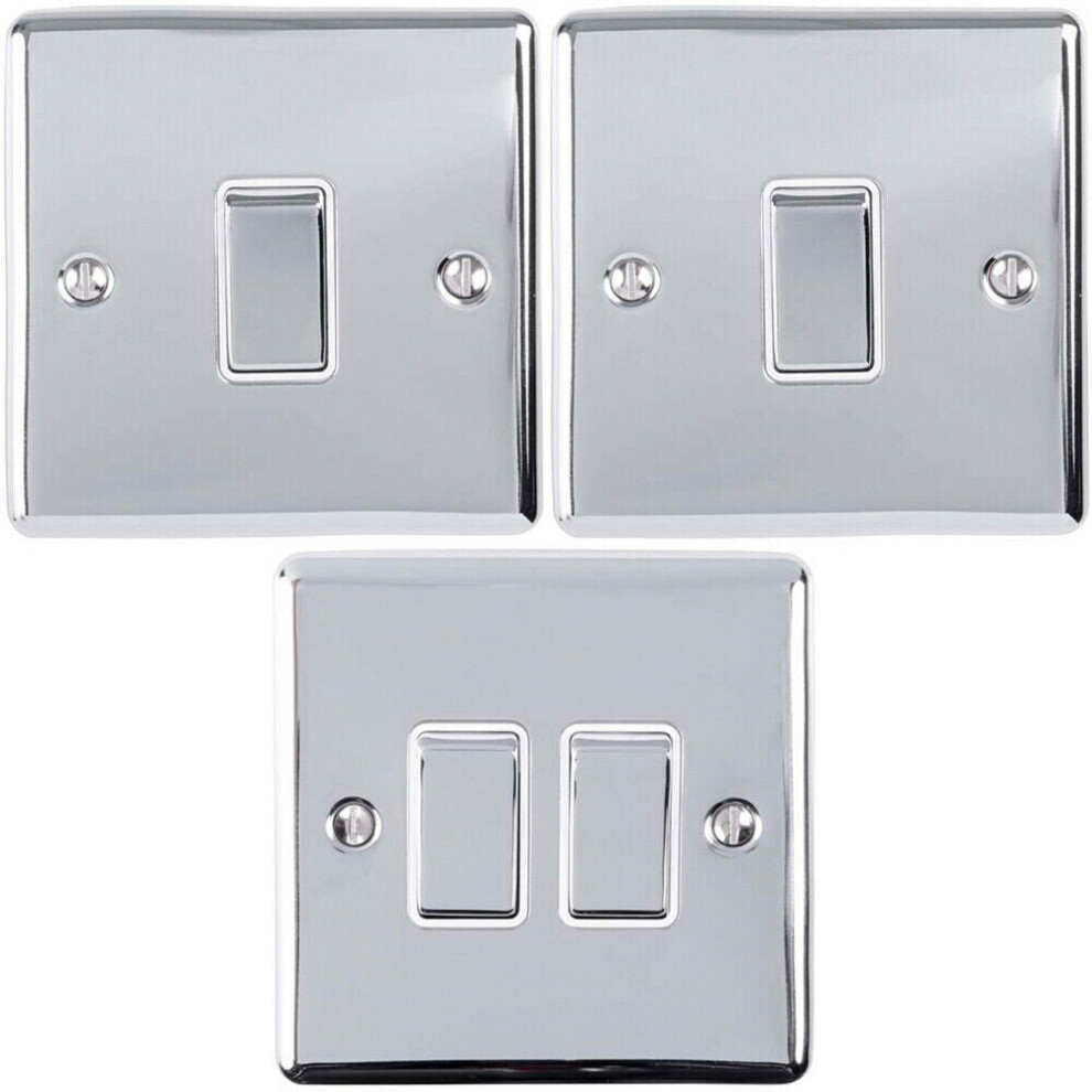 Light Switch Pack - 2x Single & 1x Double Gang - CHROME / Grey 2 Way 10A