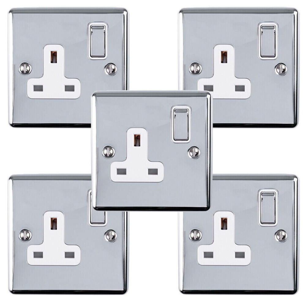 5 PACK 1 Gang Single UK Plug Socket POLISHED CHROME 13A Switched White Trim