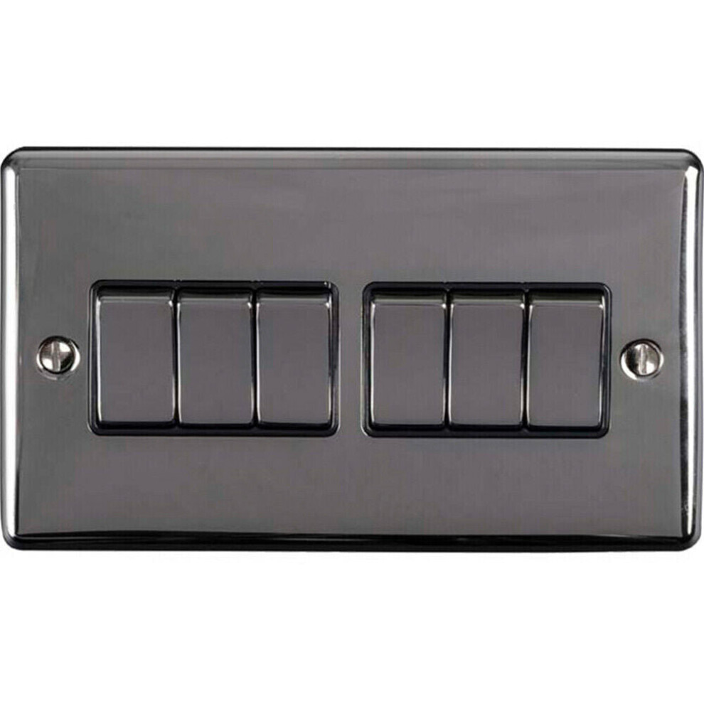 6 Gang Multi Light Switch BLACK NICKEL 2 Way 10A Black Trim & Metal Rocker