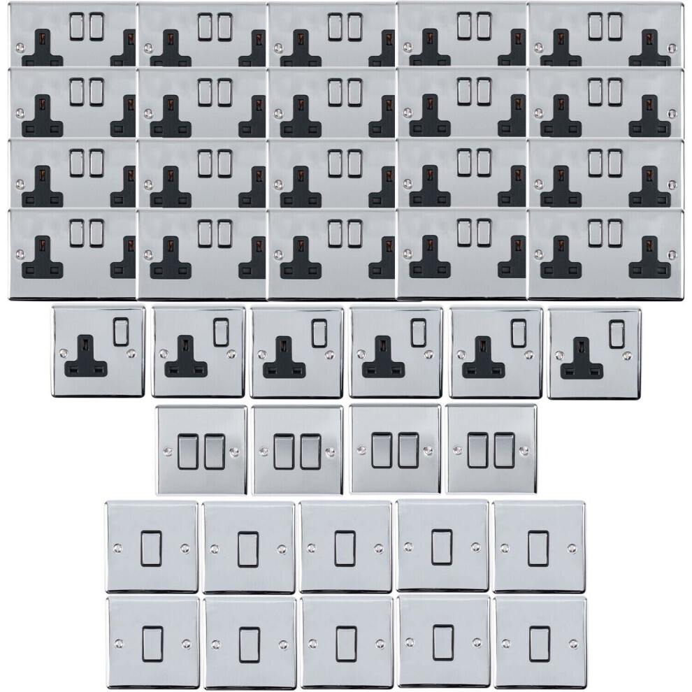 CHROME House Socket & Switch Set -14x Light & 26x Switched UK Power Sockets
