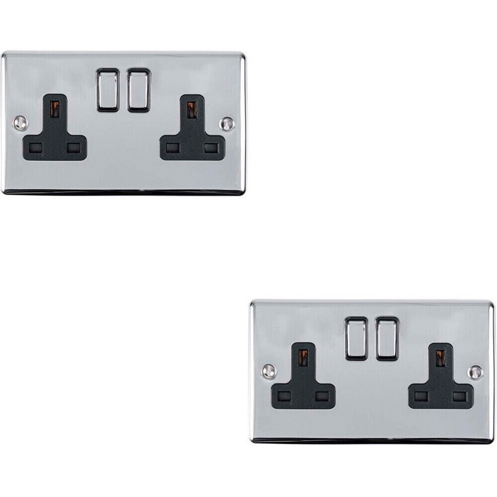 2 PACK 2 Gang Double UK Plug Socket POLISHED CHROME 13A Switched Black Trim