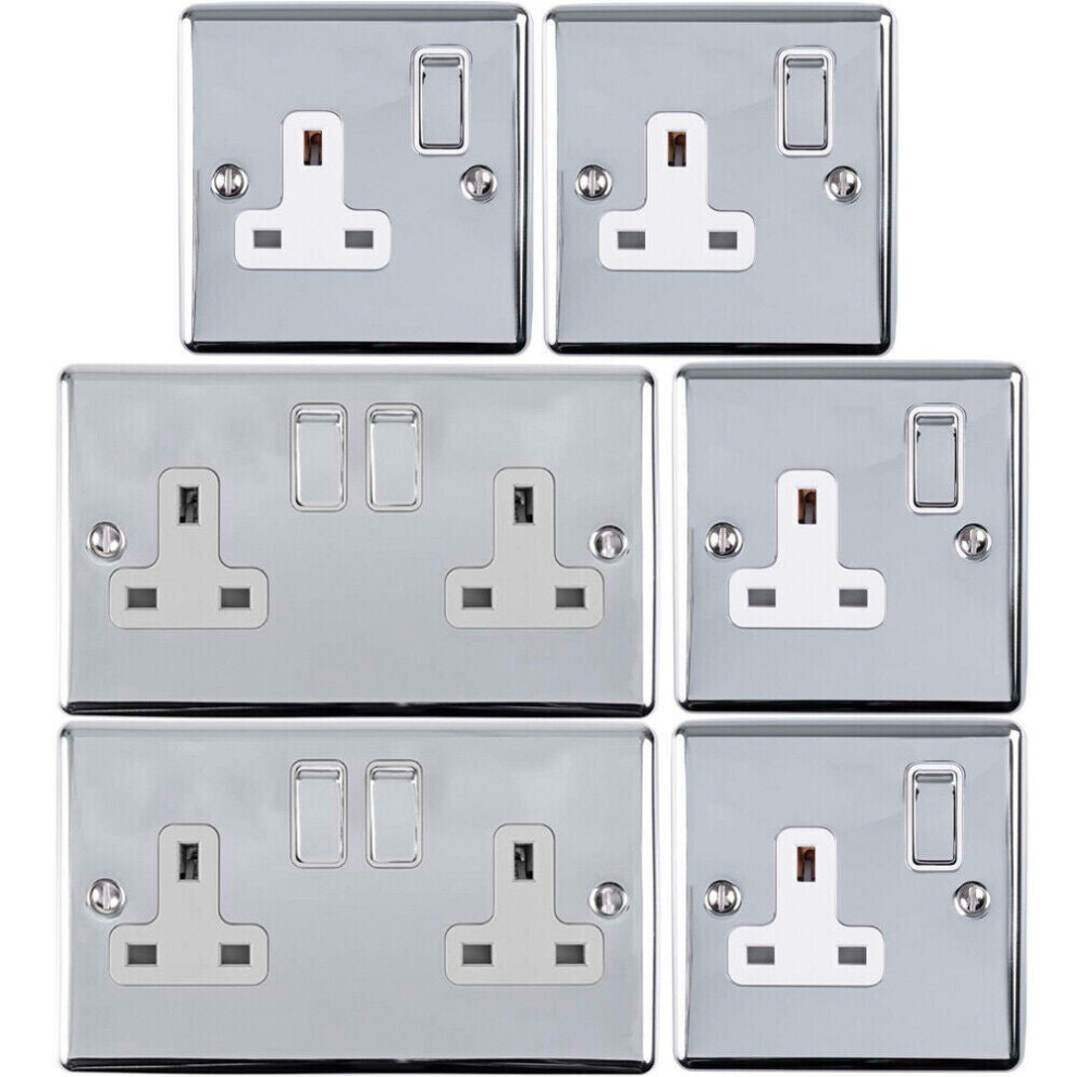 UK Plug Socket Pack -2x Twin & 4x Single Gang- CHROME / Grey 13A Switched