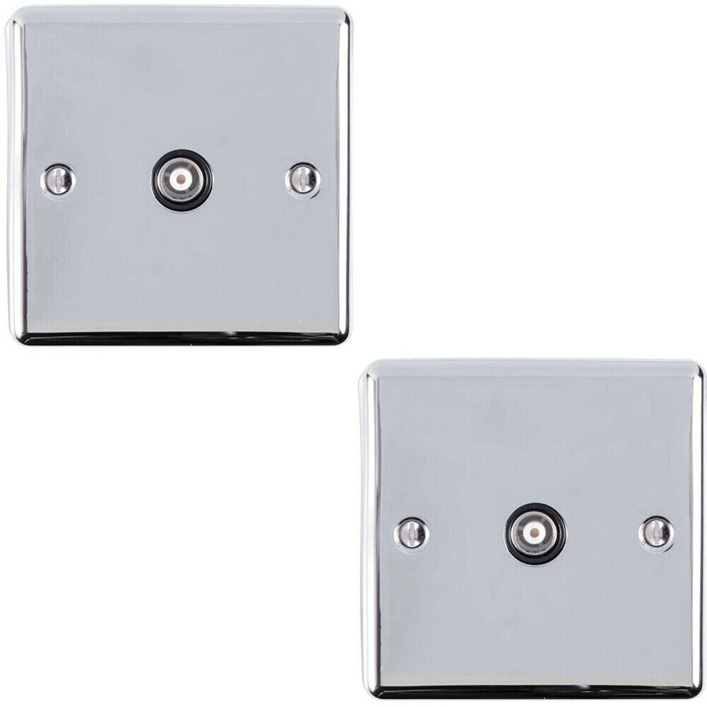 2 PACK CHROME Single Aerial Coaxial Socket Female Wall Plate Black Trim