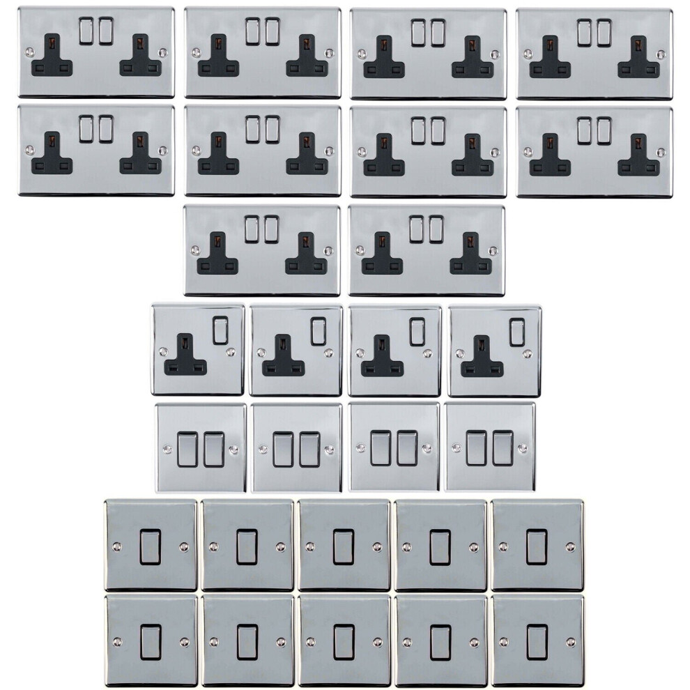 CHROME House Socket & Switch Set -14x Light & 14x Switched UK Power Sockets