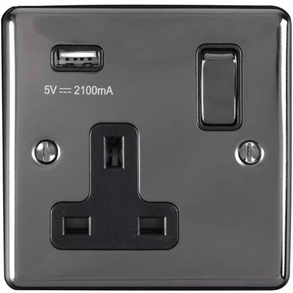 1 Gang Single UK Plug Socket & 2.1A USB Charger BLACK NICKEL 13A Switched