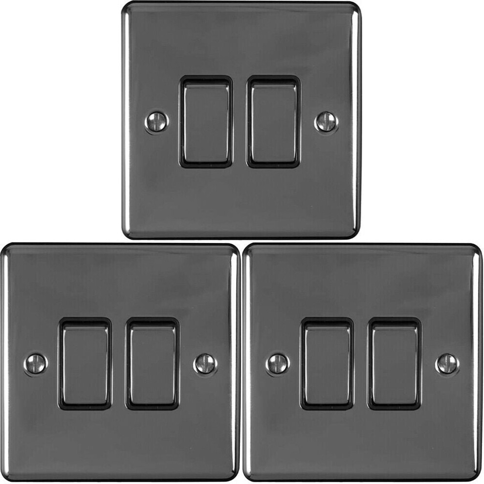 3 PACK 2 Gang Double Metal Light Switch BLACK NICKEL 2 Way 10A Black Trim