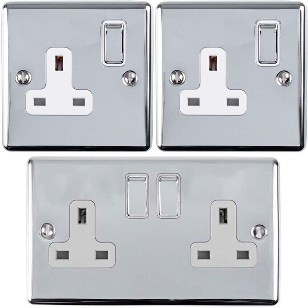 UK Plug Socket Pack -1x Twin & 2x Single Gang- CHROME / Grey 13A Switched