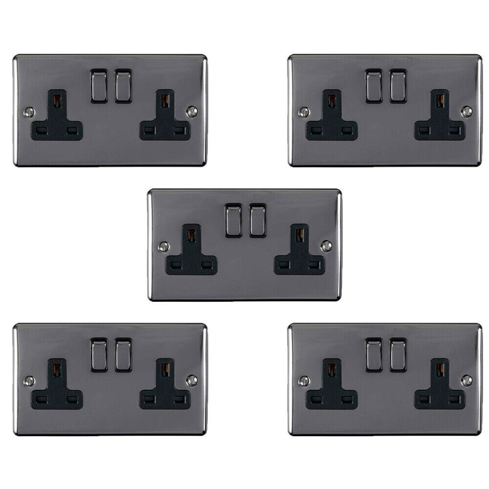 5 PACK 2 Gang Double UK Plug Socket BLACK NICKEL 13A Switched Power Outlet