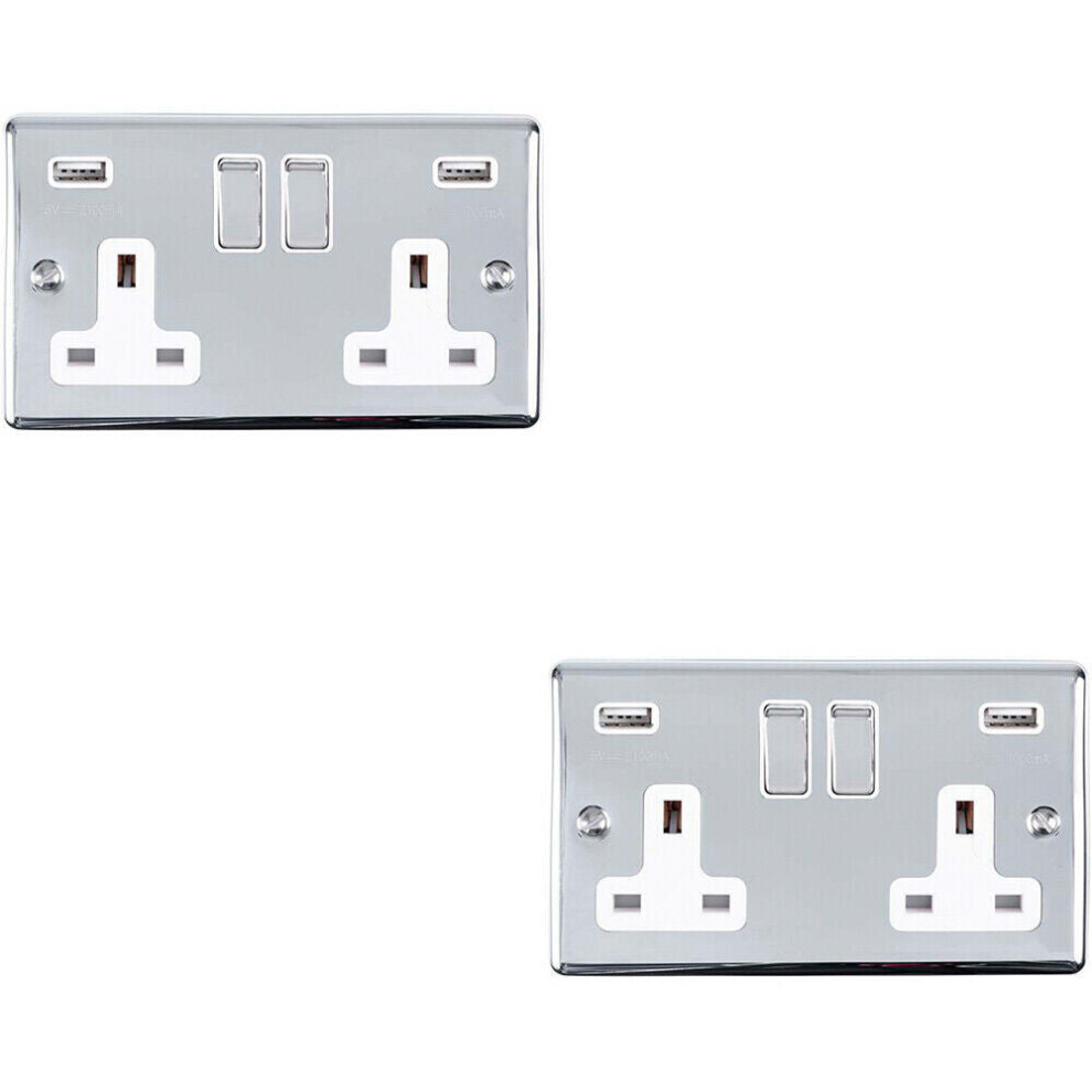 2 PACK 2 Gang Single UK Plug Socket & 2.1A USB CHROME & White 13A Switched