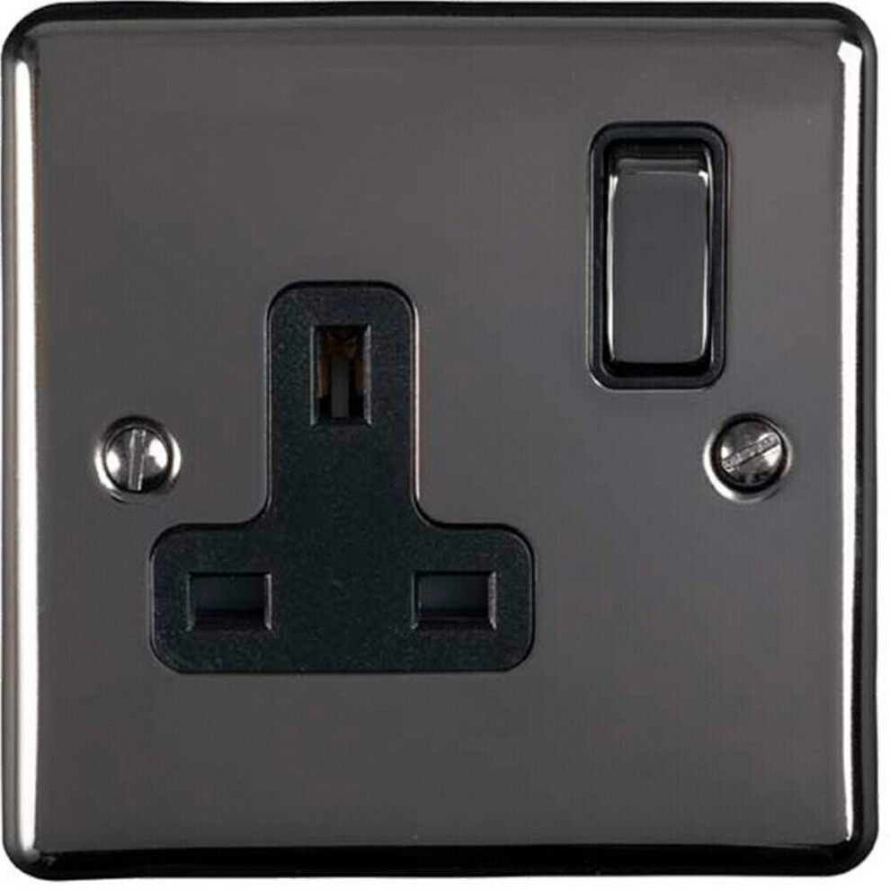 Loops 1 Gang Single Uk Plug Socket Nickel 13A Switched Mains Wall Power Outlet Black
