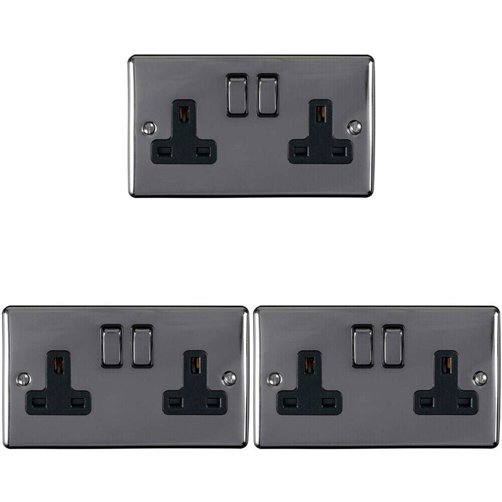 3 PACK 2 Gang Double UK Plug Socket BLACK NICKEL 13A Switched Power Outlet