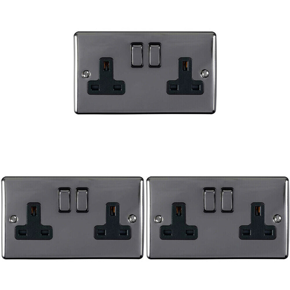 3 Pack 2 Gang Double Uk Plug Socket Black Nickel 13A Switched Power Outlet 5056524221280
