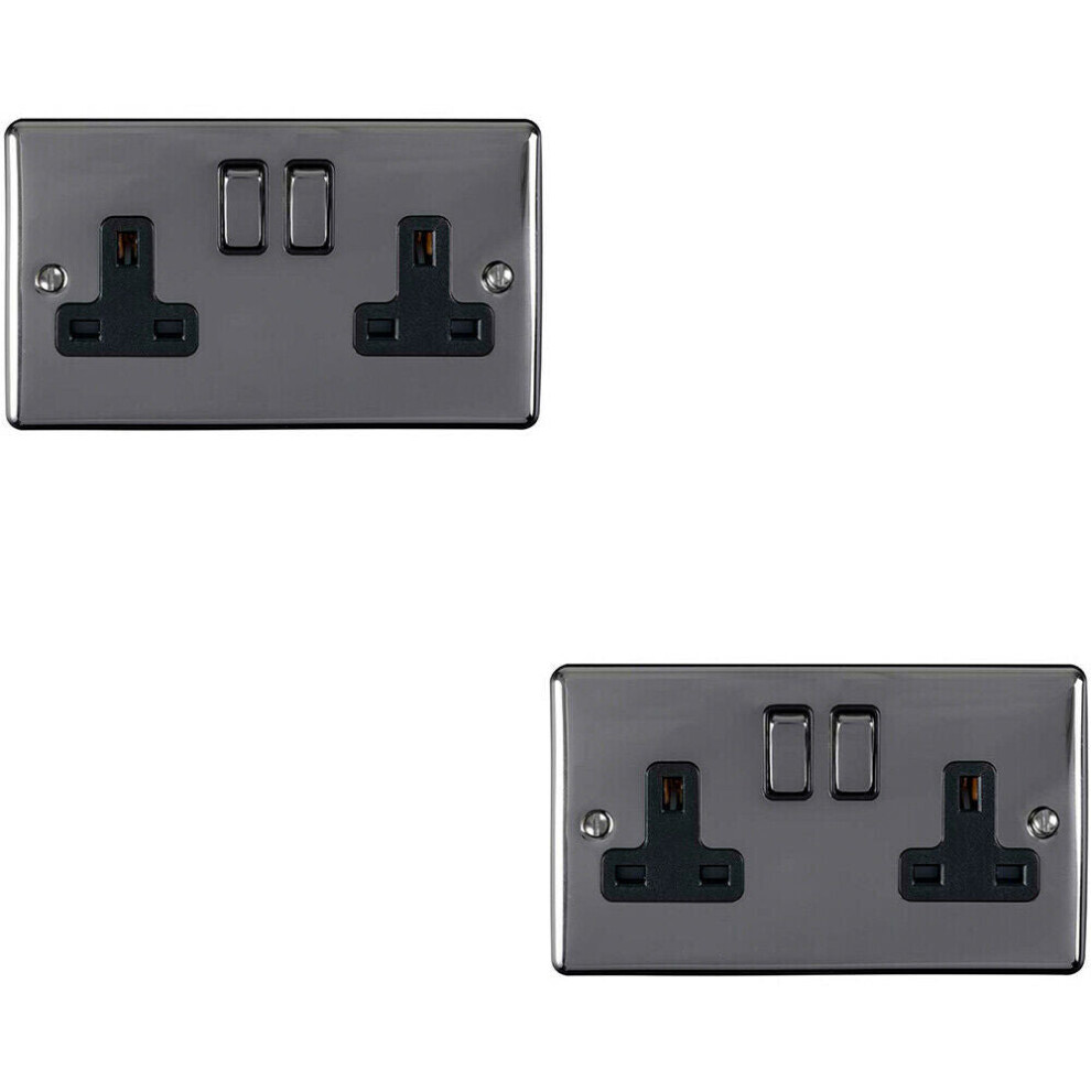 2 PACK 2 Gang Double UK Plug Socket BLACK NICKEL 13A Switched Power Outlet