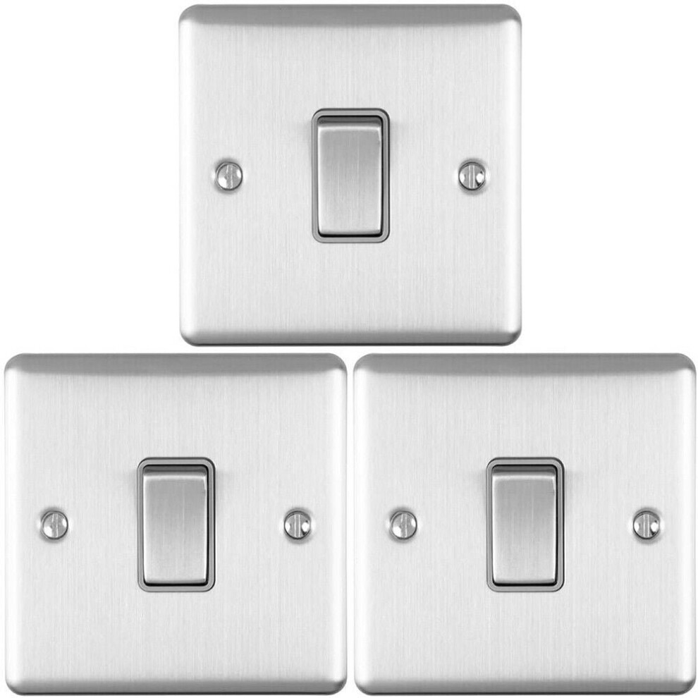 Loops 3 Pack 1 Gang Single Light Switch Satin Steel 2 Way 10A Grey Trim & Metal