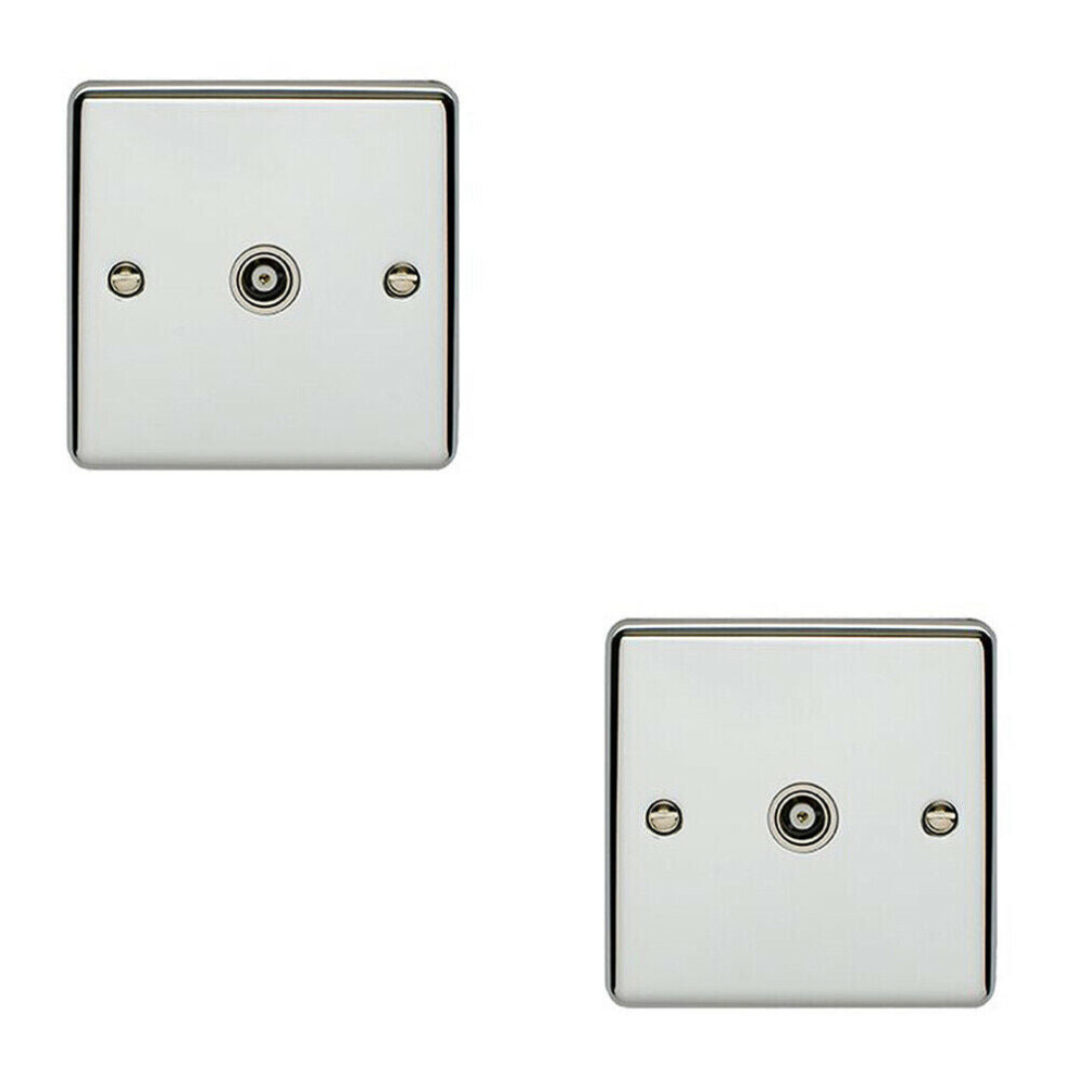 2 PACK CHROME Single Aerial Coaxial Socket Female Wall Plate White Trim