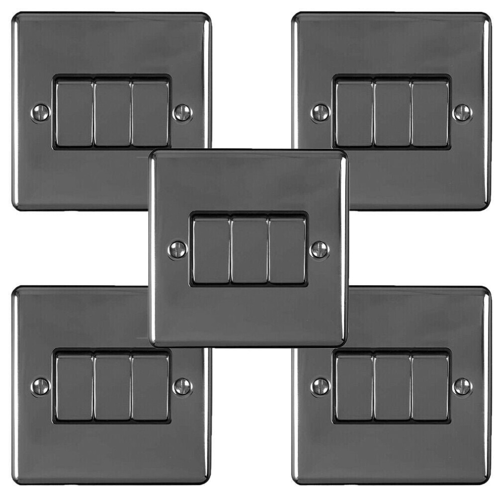 5 PACK 3 Gang Metal Triple Light Switch BLACK NICKEL 2 Way 10A Black Trim