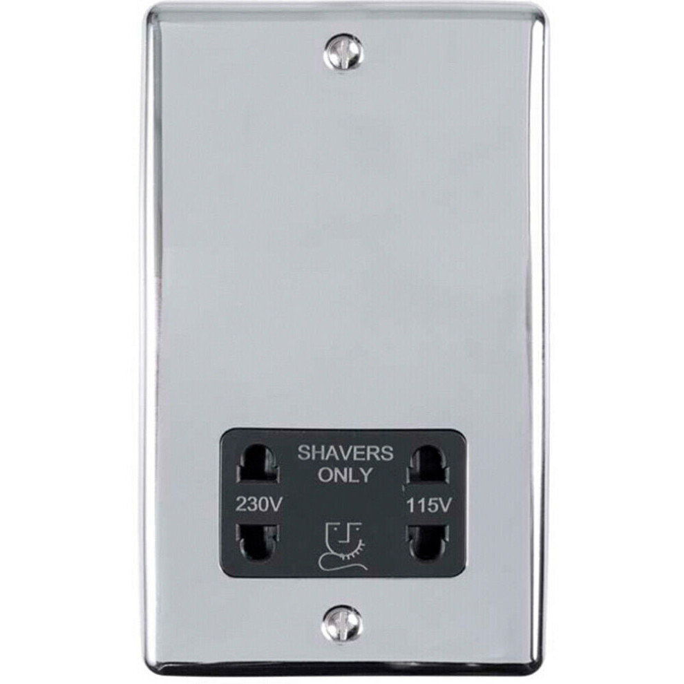 230v & 115v Shaver Twin Socket Wall Plate CHROME & Black Trim 86mm x 146mm