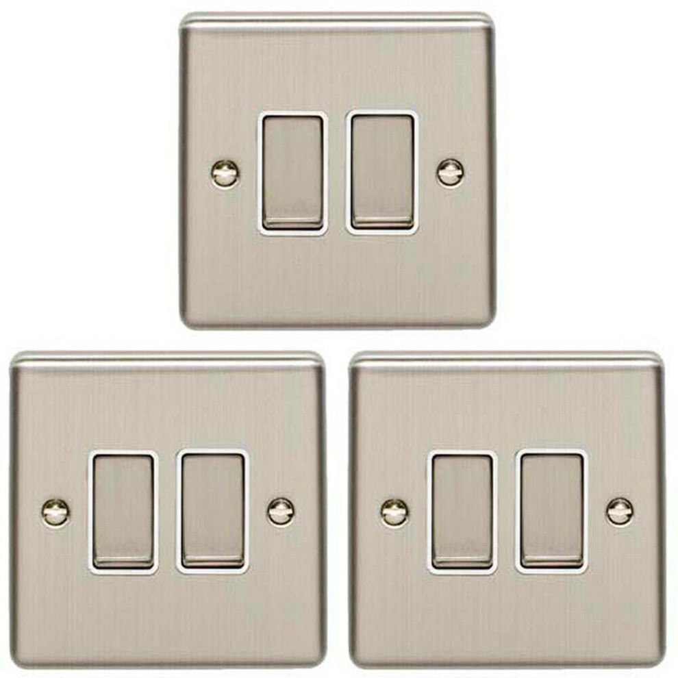 3 PACK 2 Gang Double Metal Light Switch SATIN STEEL 2 Way 10A White Trim