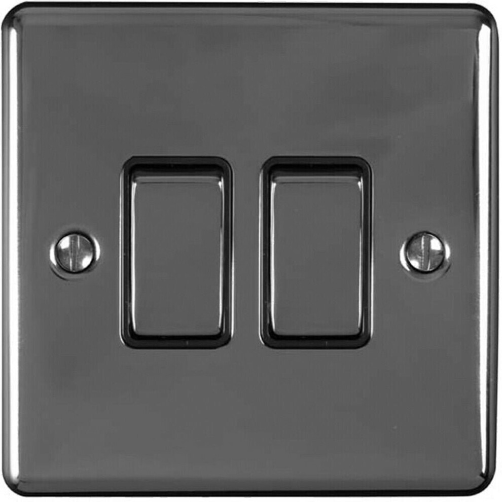 Loops 2 Gang Double Light Switch Black Nickel 2 Way 10A Black Trim & Metal Rocker