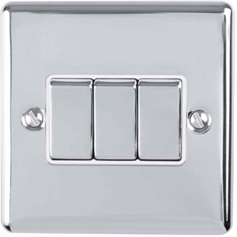 Loops 3 Gang Triple Light Switch Satin Steel 2 Way 10A Grey Trim & Metal Rocker