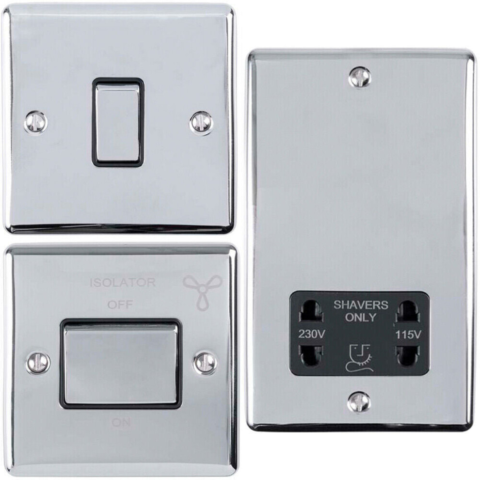 CHROME Bathroom Switch Set -1 Light | 1 Fan Isolator | 1 Twin Shaver Socket