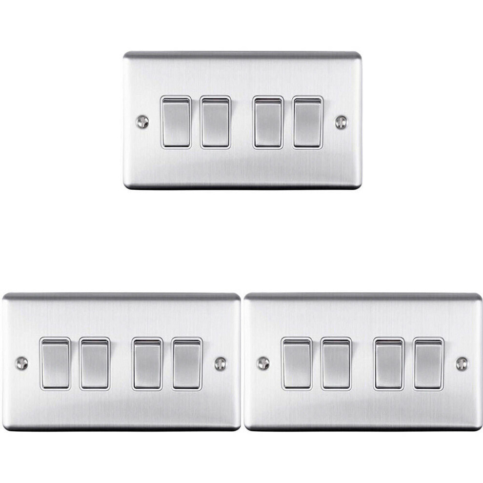 3 PACK 4 Gang Quad Metal Light Switch SATIN STEEL 2 Way 10A White Trim