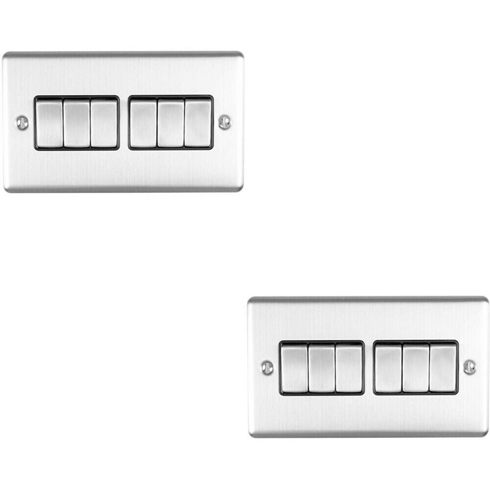 2 Pack 6 Gang Metal Multi Light Switch Satin Steel 2 Way 10A Black Trim