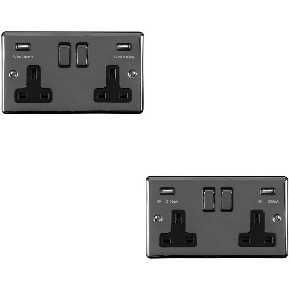 2 PACK 2 Gang Single UK Plug Socket & 2.1A USB BLACK NICKEL & Black 13A Switched