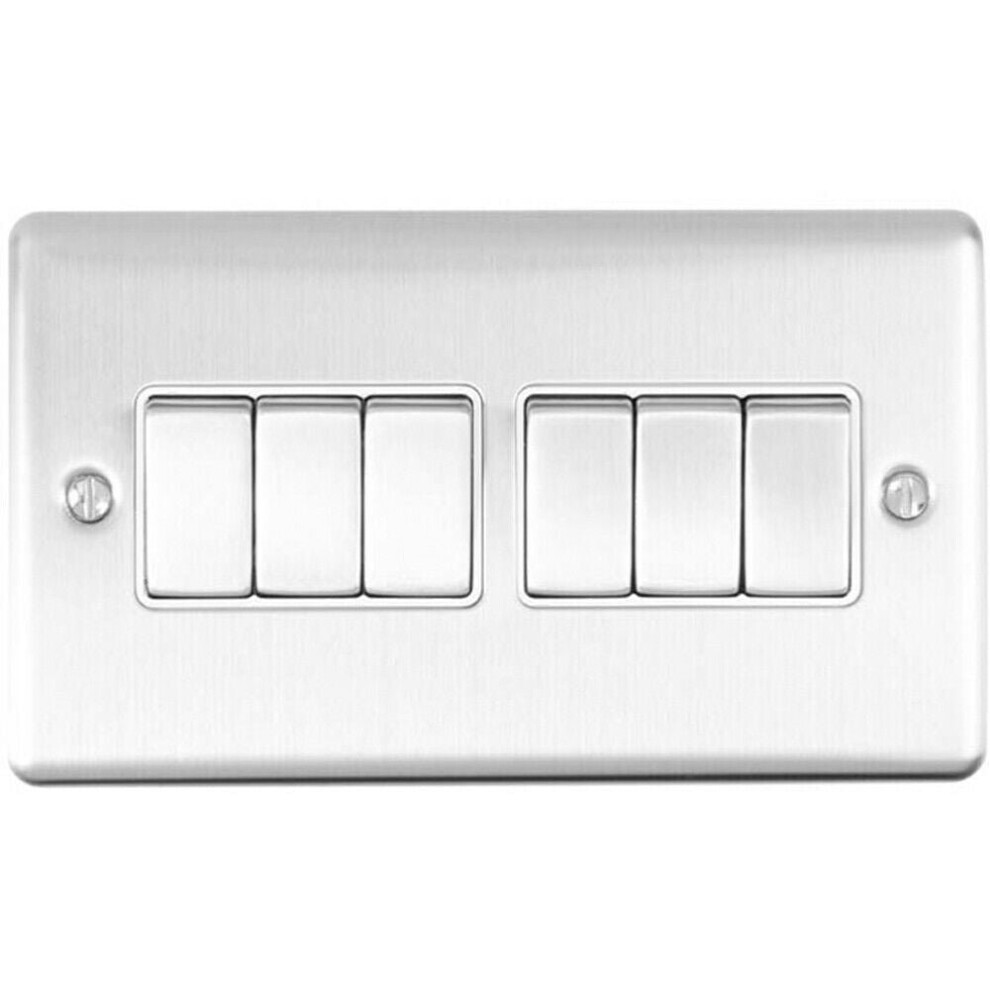 6 Gang Multi Light Switch SATIN STEEL 2 Way 10A White Trim & Metal Rocker