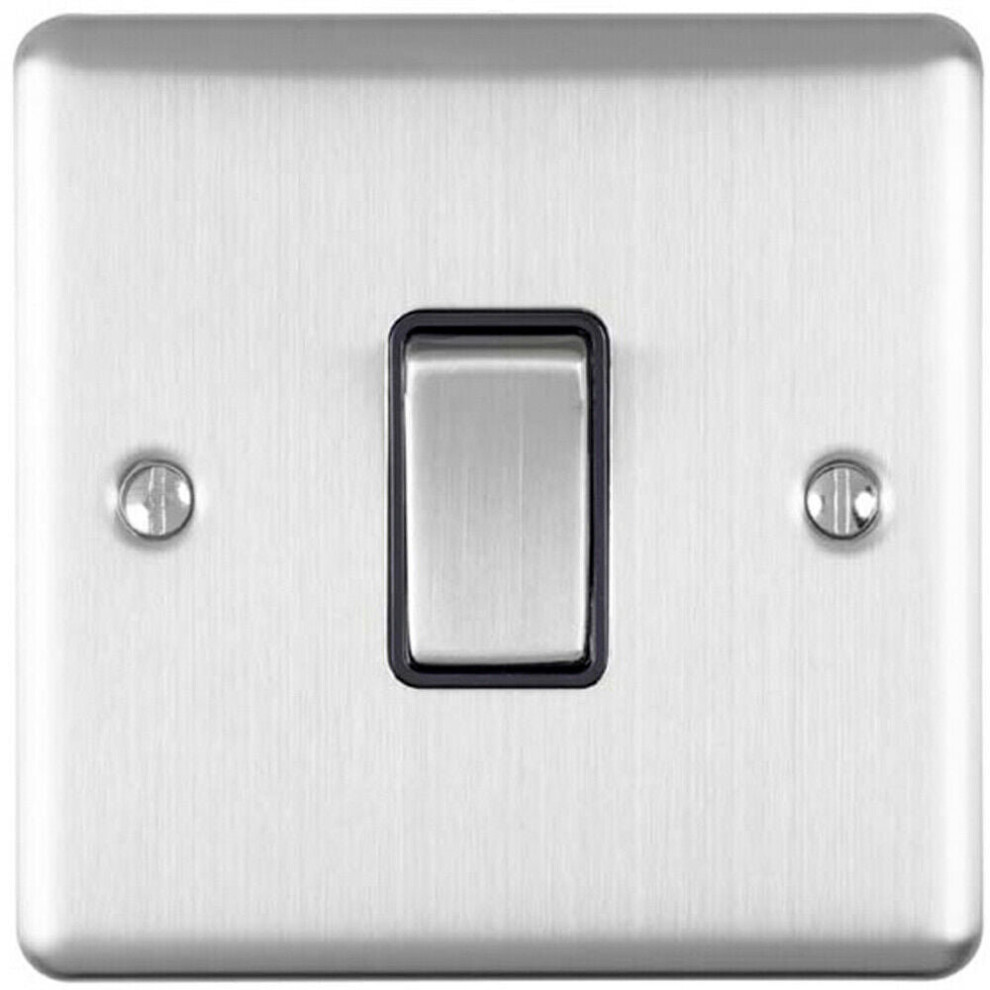 1 Gang Single Light Switch SATIN STEEL 2 Way 10A Black Trim & Metal Rocker