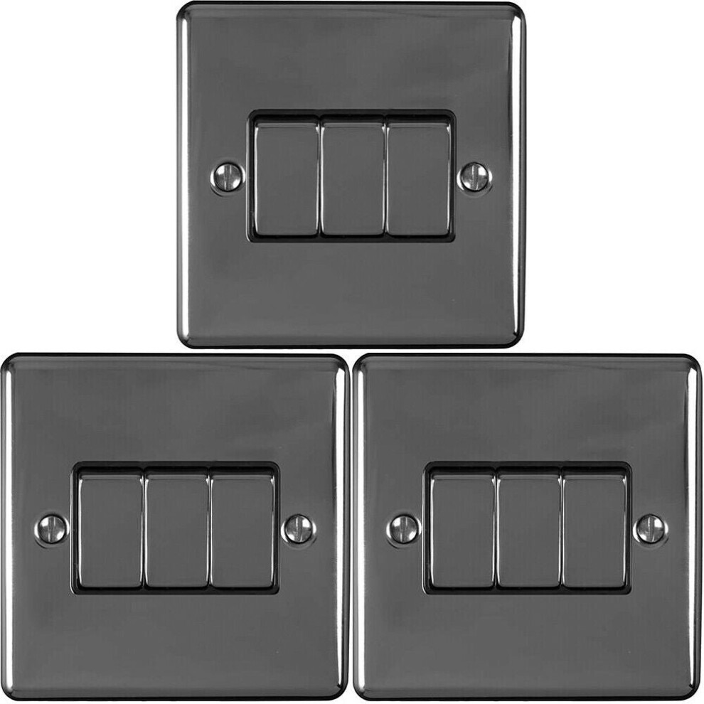 3 PACK 3 Gang Metal Triple Light Switch BLACK NICKEL 2 Way 10A Black Trim